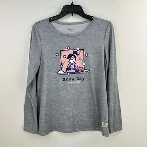 Life Is Good Tshirt Womens Small Gray White Snow Day Heather Stretch Long Sleeve